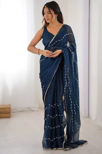navy blue heavy smooth sitara mirror work satin saree