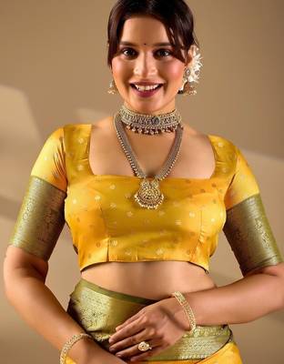 Yellow silk blend woven design saree with blouse 5