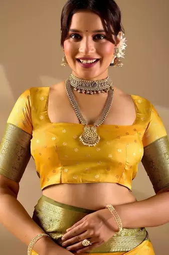 Yellow silk blend woven design saree with blouse