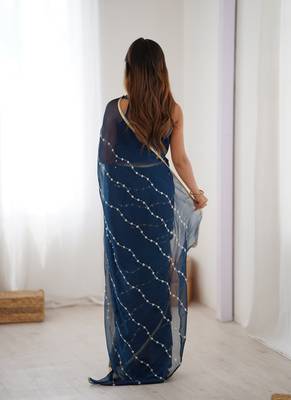 navy blue heavy smooth sitara mirror work satin saree 4