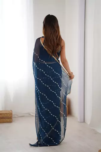 navy blue heavy smooth sitara mirror work satin saree