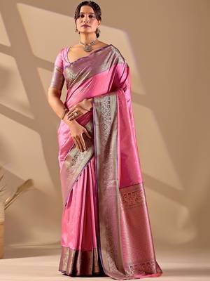 Pink silk blend woven design saree with blouse 1