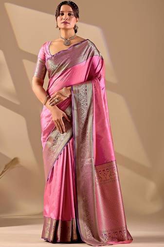 Pink silk blend woven design saree with blouse