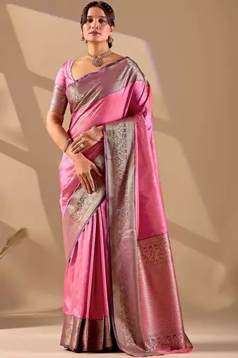 Pink silk blend woven design saree with blouse