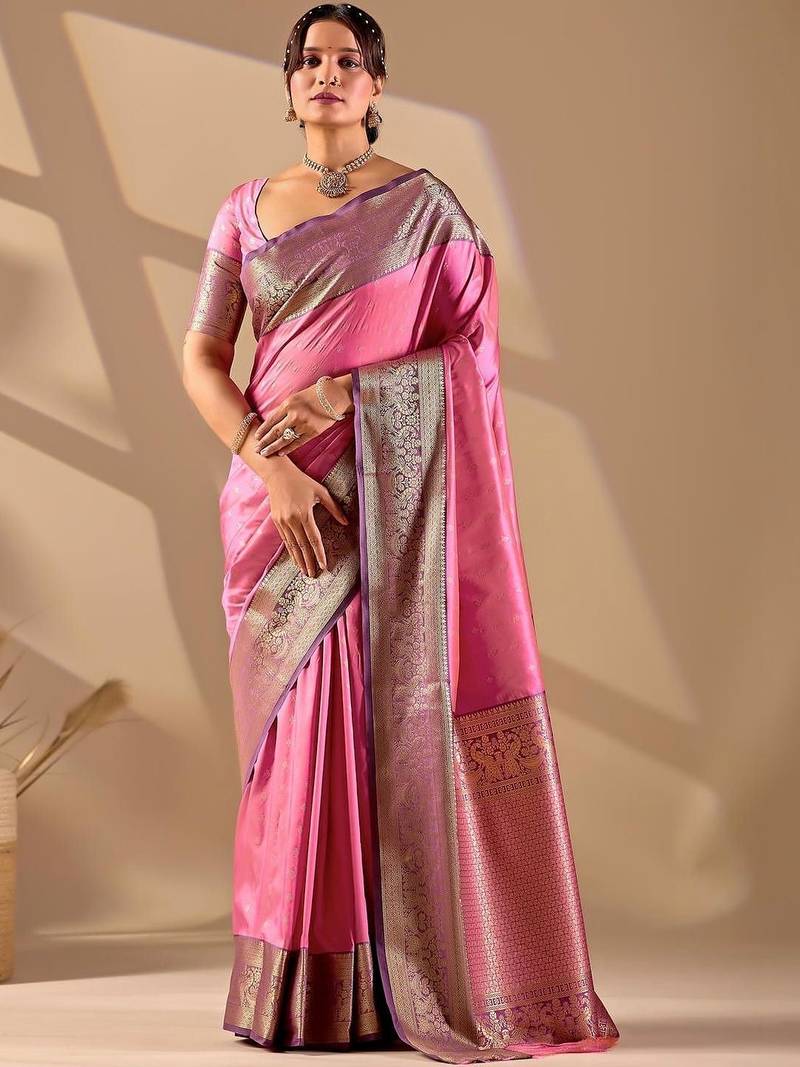 Pink silk blend woven design saree with blouse