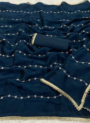 navy blue heavy smooth sitara mirror work satin saree 5