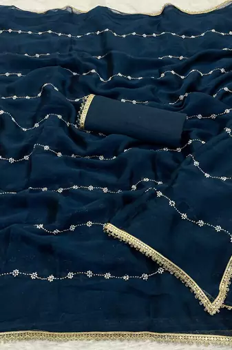 navy blue heavy smooth sitara mirror work satin saree
