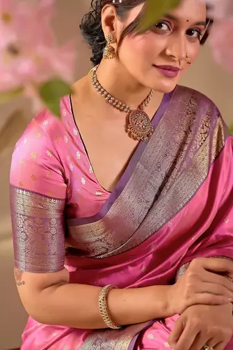 Pink silk blend woven design saree with blouse