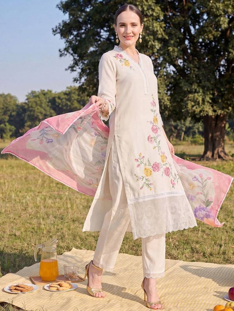 Women Floral Embroidered Regular Thread Work Kurta with Trousers & With Dupatta
