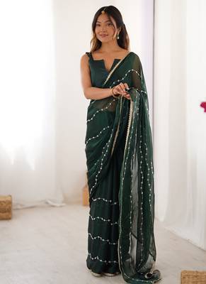 dark green heavy smooth sitara mirror work satin saree 1