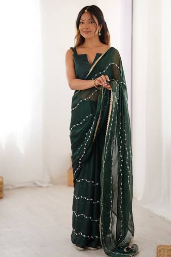 dark green heavy smooth sitara mirror work satin saree