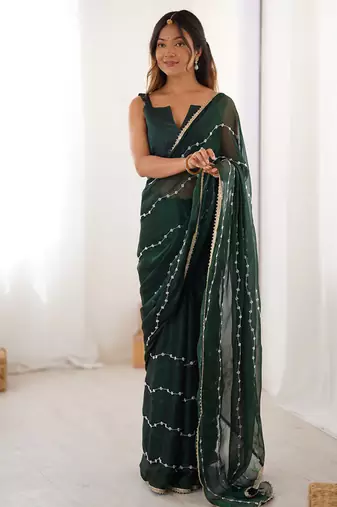 dark green heavy smooth sitara mirror work satin saree