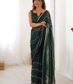 dark green heavy smooth sitara mirror work satin saree