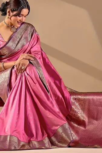 Pink silk blend woven design saree with blouse