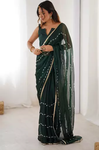 dark green heavy smooth sitara mirror work satin saree