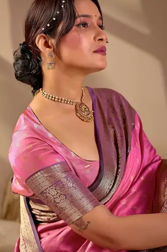 Pink silk blend woven design saree with blouse