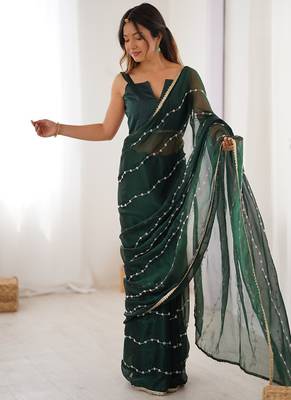 dark green heavy smooth sitara mirror work satin saree 3