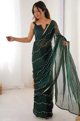 dark green heavy smooth sitara mirror work satin saree