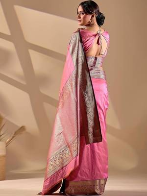 Pink silk blend woven design saree with blouse 5