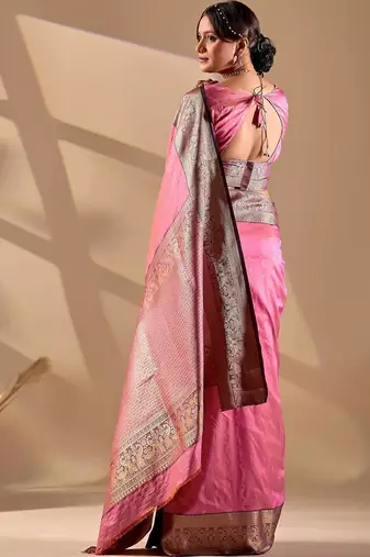 Pink silk blend woven design saree with blouse