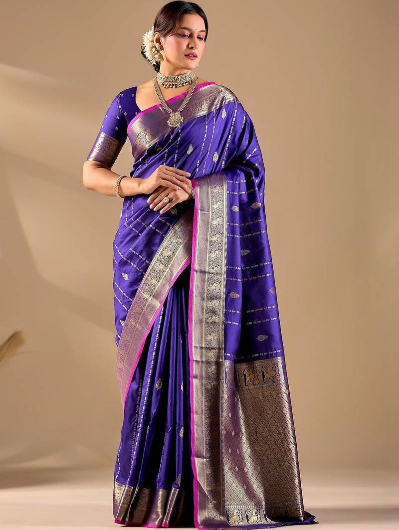 Purple silk blend woven design saree with blouse