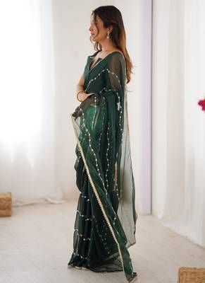 dark green heavy smooth sitara mirror work satin saree 5