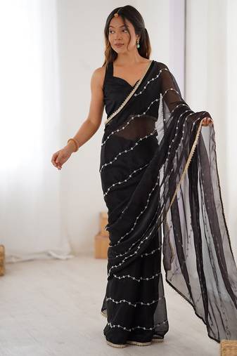black heavy smooth sitara mirror work satin saree