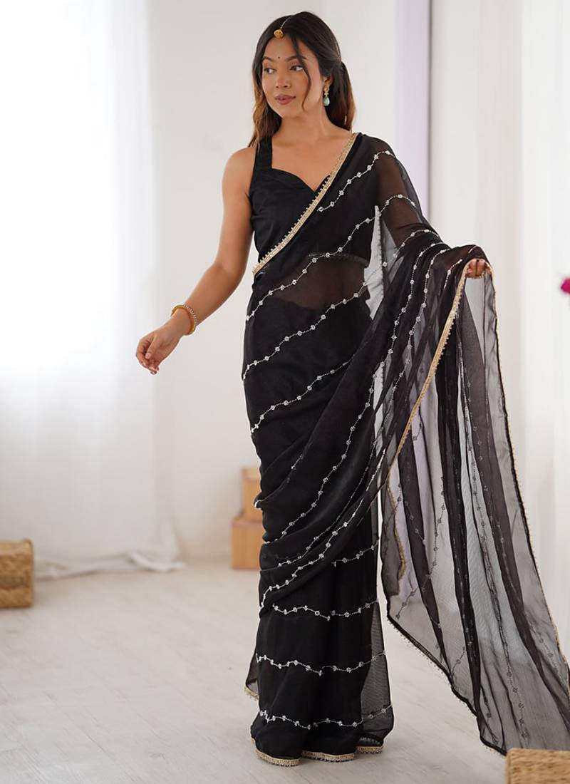 black heavy smooth sitara mirror work satin saree