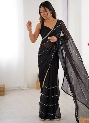 black heavy smooth sitara mirror work satin saree 2