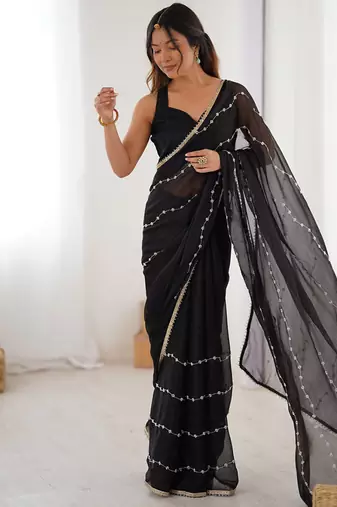 black heavy smooth sitara mirror work satin saree