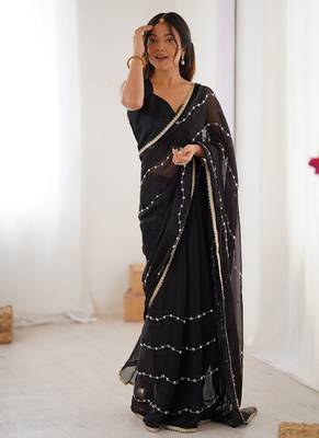 black heavy smooth sitara mirror work satin saree 4