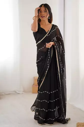 black heavy smooth sitara mirror work satin saree
