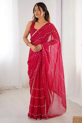maroon heavy smooth sitara mirror work satin saree