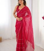maroon heavy smooth sitara mirror work satin saree