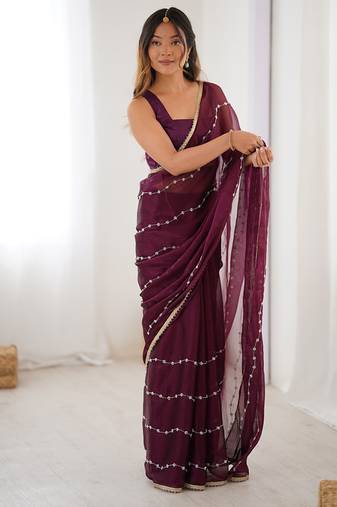 wine heavy smooth sitara mirror work satin saree