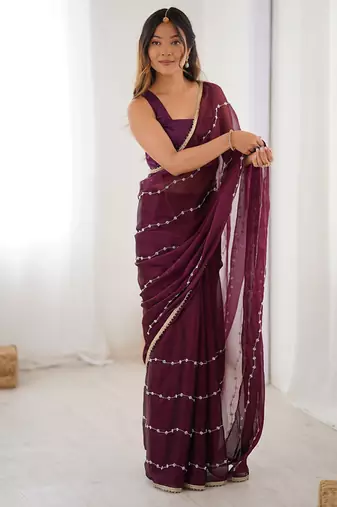 wine heavy smooth sitara mirror work satin saree