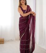 wine heavy smooth sitara mirror work satin saree