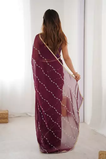 wine heavy smooth sitara mirror work satin saree