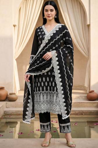 Women Motifs Embroidered Thread Work Pure Cotton Kurta with Trousers & Dupatta