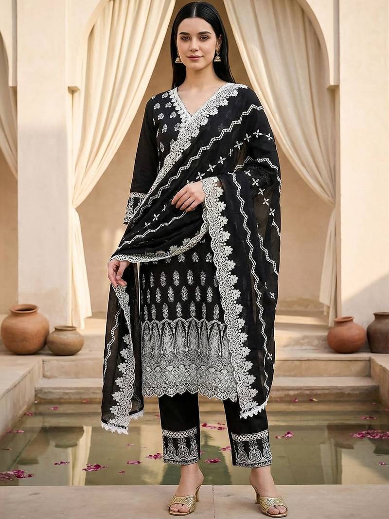 Women Motifs Embroidered Thread Work Pure Cotton Kurta with Trousers & Dupatta