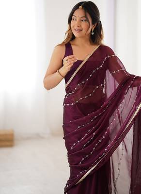 wine heavy smooth sitara mirror work satin saree 3
