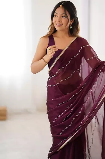 wine heavy smooth sitara mirror work satin saree