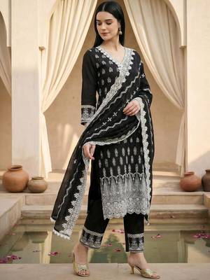 Women Motifs Embroidered Thread Work Pure Cotton Kurta with Trousers & Dupatta 3