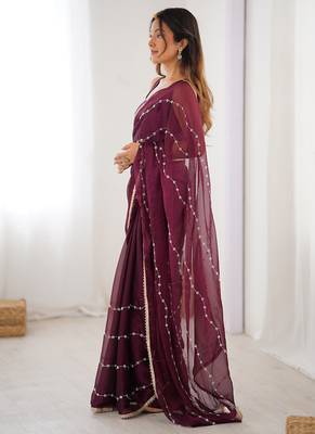 wine heavy smooth sitara mirror work satin saree 4