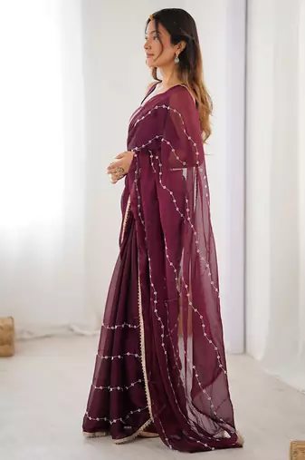 wine heavy smooth sitara mirror work satin saree
