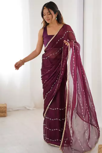 wine heavy smooth sitara mirror work satin saree