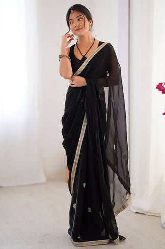 black heavy smooth sitara mirror work satin saree