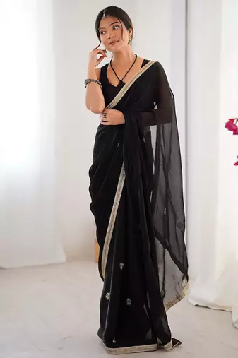 black heavy smooth sitara mirror work satin saree