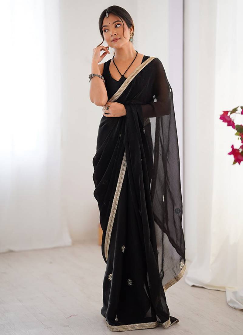 black heavy smooth sitara mirror work satin saree