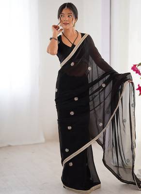 black heavy smooth sitara mirror work satin saree 2